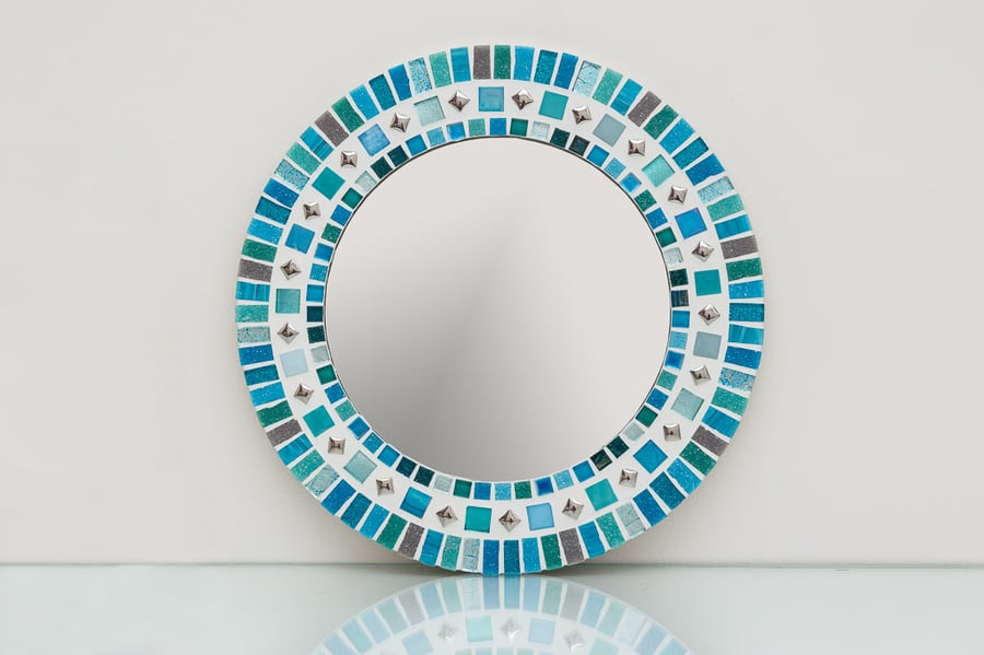 Round Mosaic Mirror in Blue, Turquoise, Silver & Grey