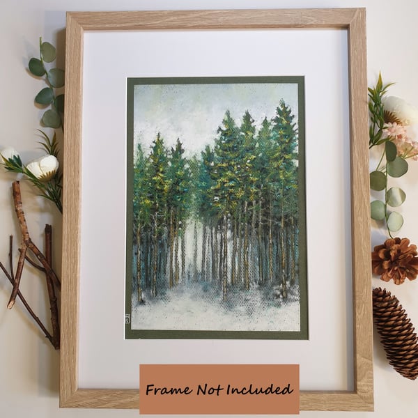 Winter Forest original oil pastel painting, A4 size artwork, landscape art