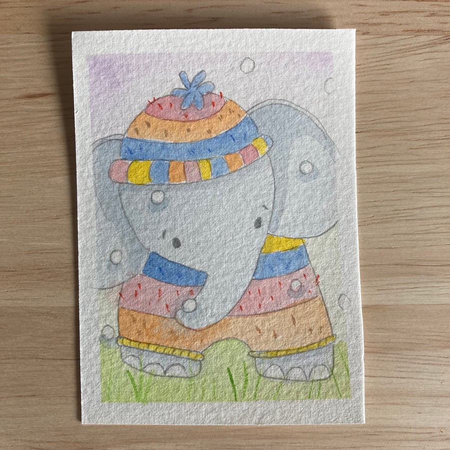 Wooly Elephant, miniature watercolour painting, watercolour paper, trading card