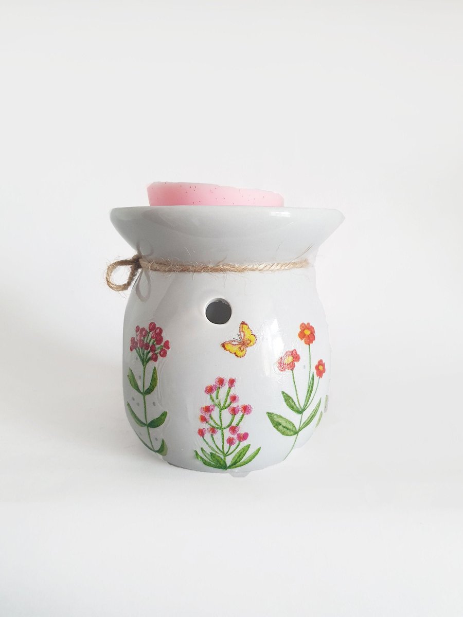 Wildflowers Oil Burner, Wildflower Design Hand Decorated Grey Wax Warmer, Floral