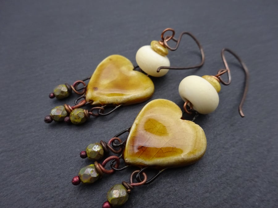 ceramic heart and ivory lampwork glass earrings