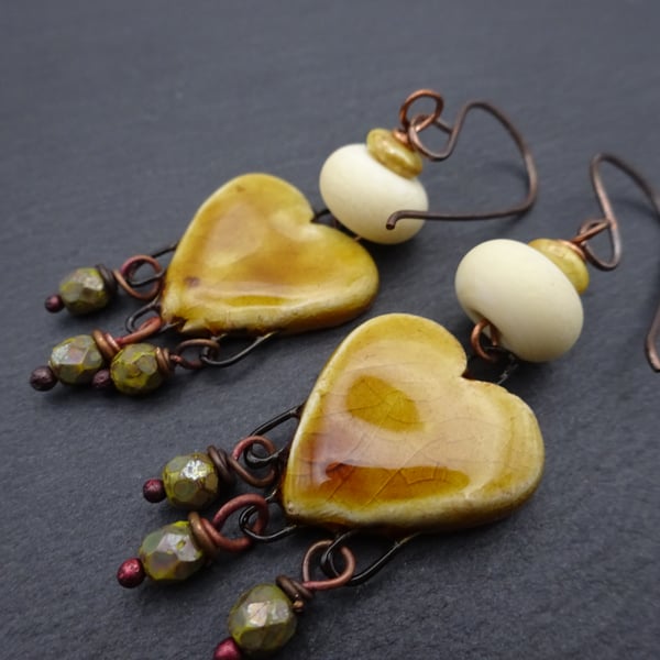 ceramic heart and ivory lampwork glass earrings