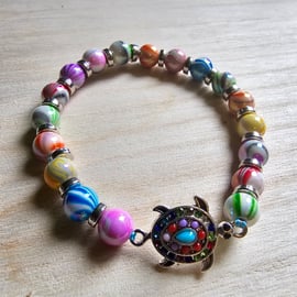 Sea Turtle charm multi-coloured beaded bracelet