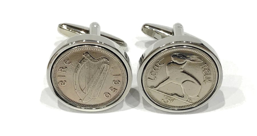 1950 Irish coin cufflinks- Great gift idea. Genuine Irish 3d threepence cufflink