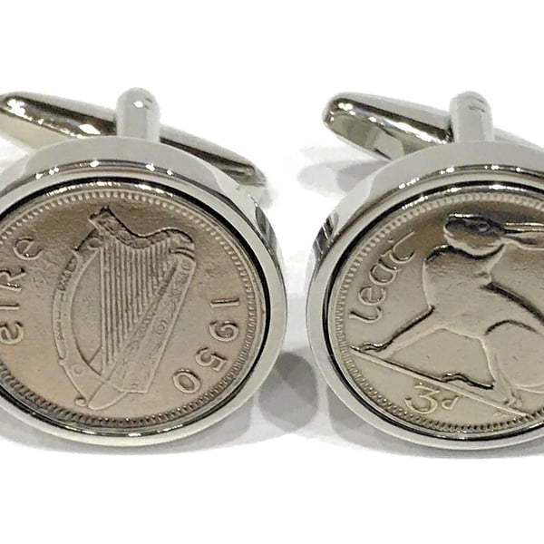 1950 Irish coin cufflinks- Great gift idea. Genuine Irish 3d threepence coin cuf