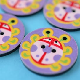 Ladybird Buttons Purple Pink Yellow Plastic 6pk 25mm (P5)
