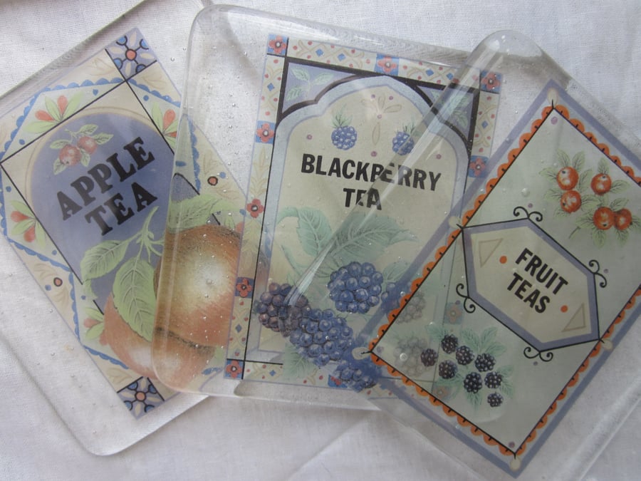  Set of handmade fused glass coasters - blackberry and apple fruit teas