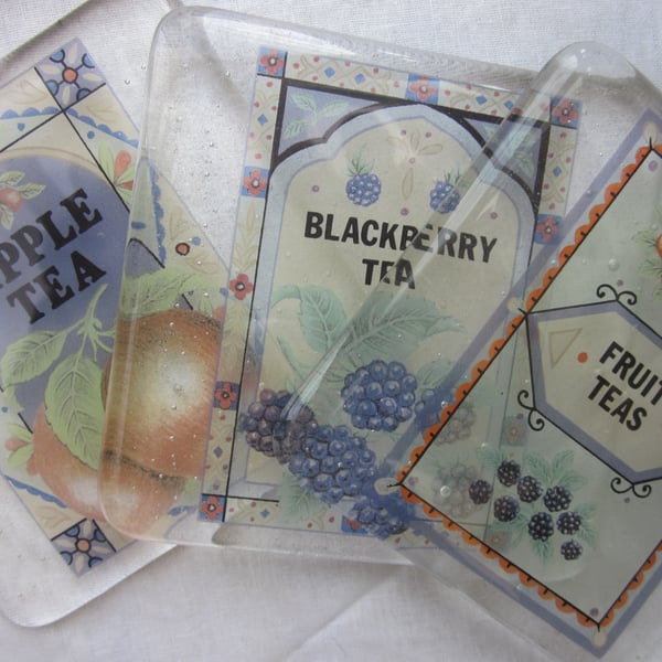  Set of handmade fused glass coasters - blackberry and apple fruit teas