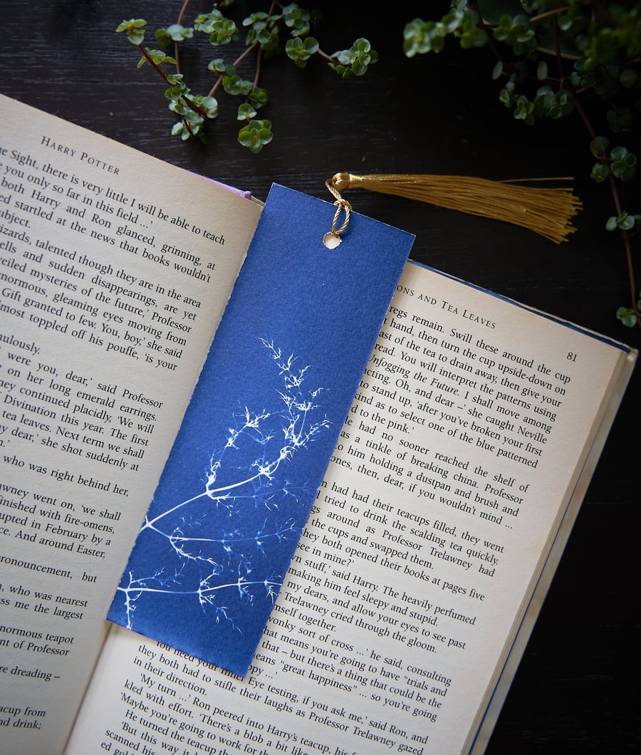 bookmark "leaves VI", original cyanotype on fine watercolour paper & gold tassel