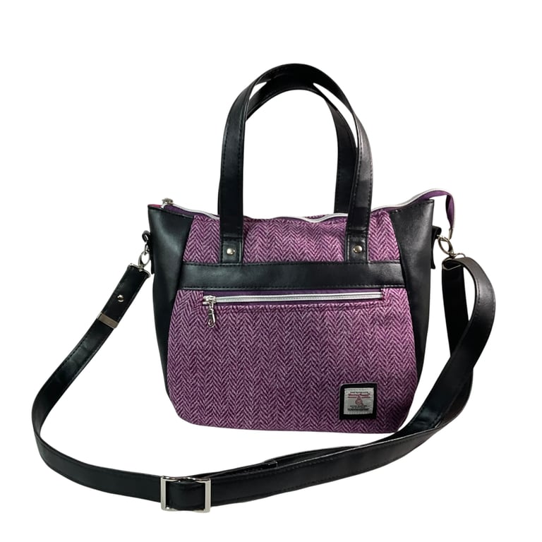 Harris tweed large Crossbody Handbag, pink purple herringbone, faux leather tote