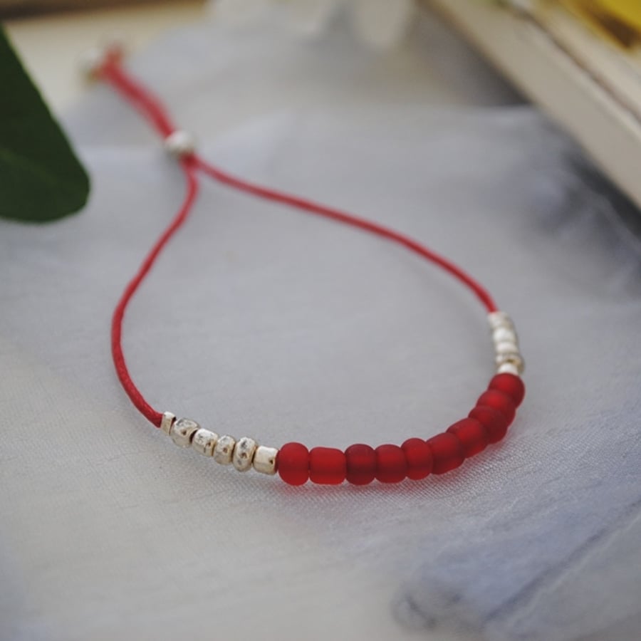 Friendship Bracelet-Sale-Red & silver beads friendship bracelet