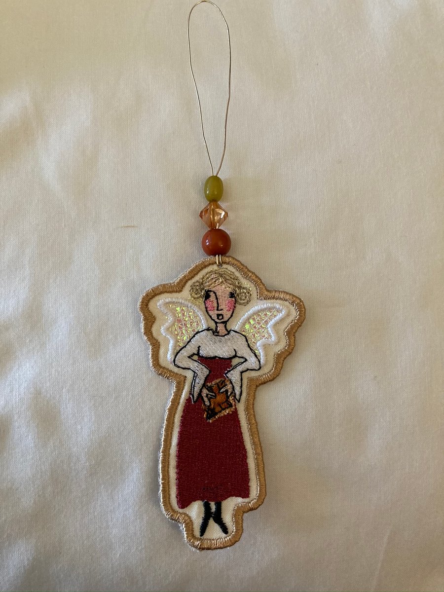 Hanging embroidered angel beaded decoration