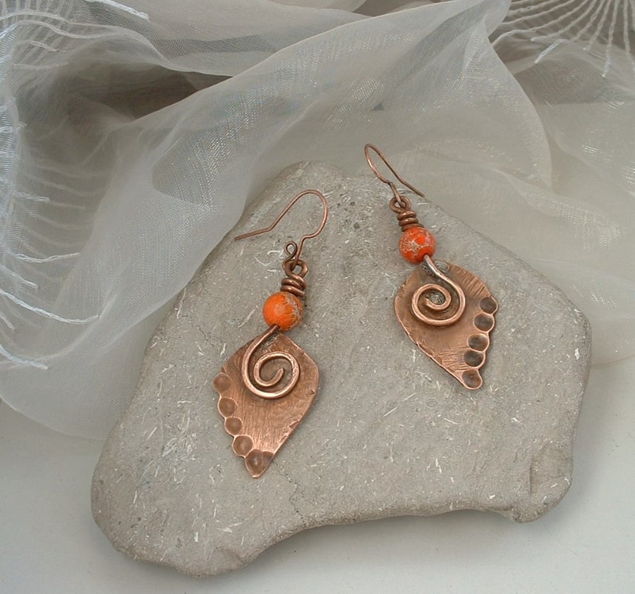 Tribal Spearhead Rustic Copper Earrings with Jasper Beads