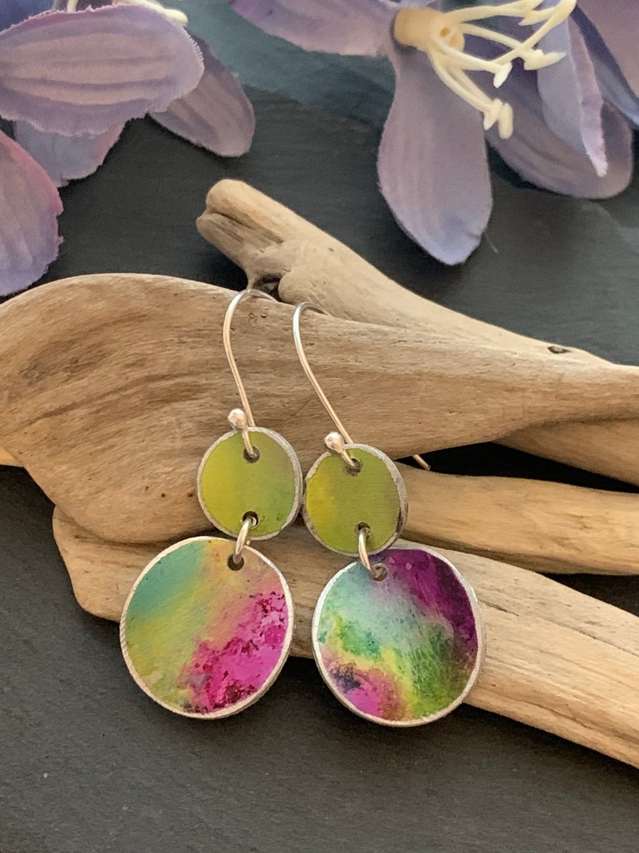 Printed Aluminium and sterling silver earrings - lime green turquoise and pink