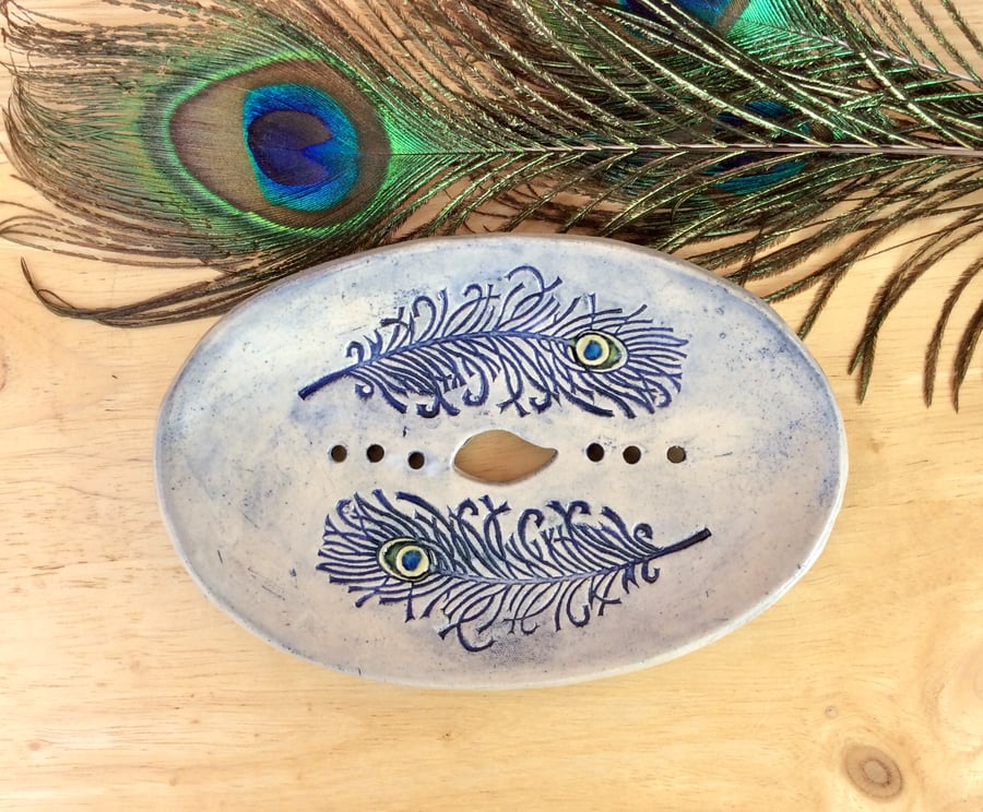 blue soap dish with peacock feathers, Bathroom accessory, 