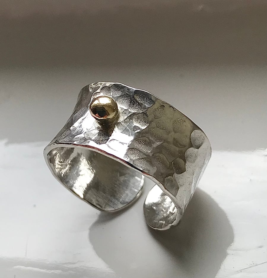 Textured Sterling Silver Open Band With Gold Ball Detail