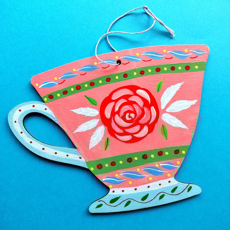 Hand painted wooden hanging cup decoration with rose  cottage core wall art