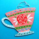 Hand painted wooden hanging cup decoration with rose  cottage core wall art