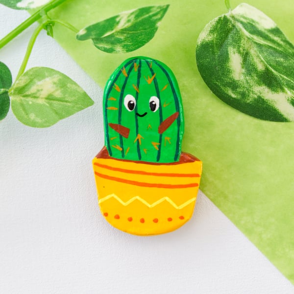 Happy Little Cactus Painted Clay Pin Badge Brooch