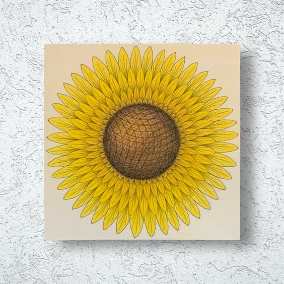 Original Sunflower Drawing on Wooden Canvas