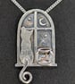 Sterling silver window pendant with cat and goldfish bowl with a red gold fish - Image 1