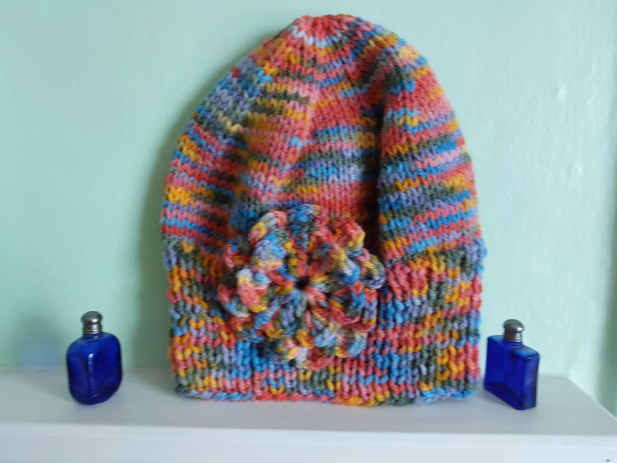 Knitted Hat With Flower Motif Multi Coloured