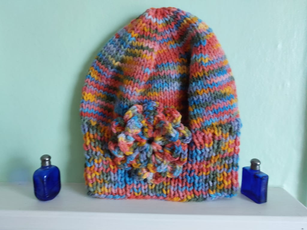 Knitted Hat With Flower Motif Multi Coloured