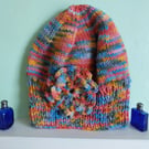 Knitted Hat With Flower Motif Multi Coloured