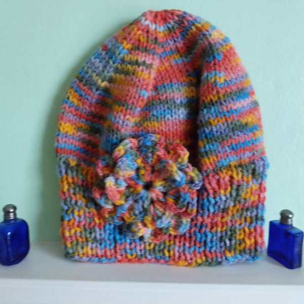 Knitted Hat With Flower Motif Multi Coloured