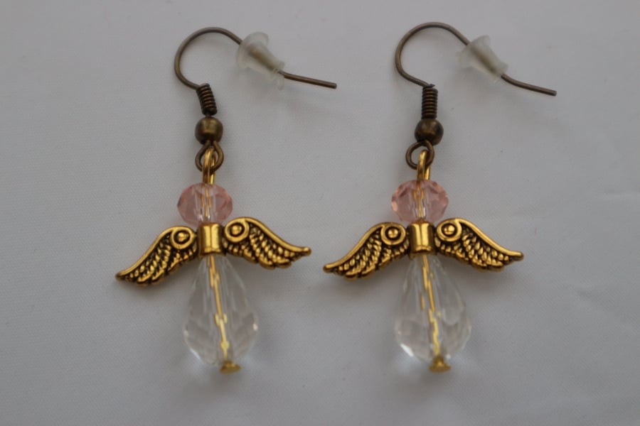 Bronze gold plated beaded earrings- Christmas angel pale pink