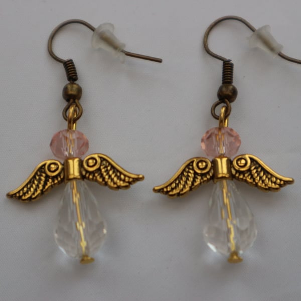 Bronze gold plated beaded earrings- Christmas angel pale pink