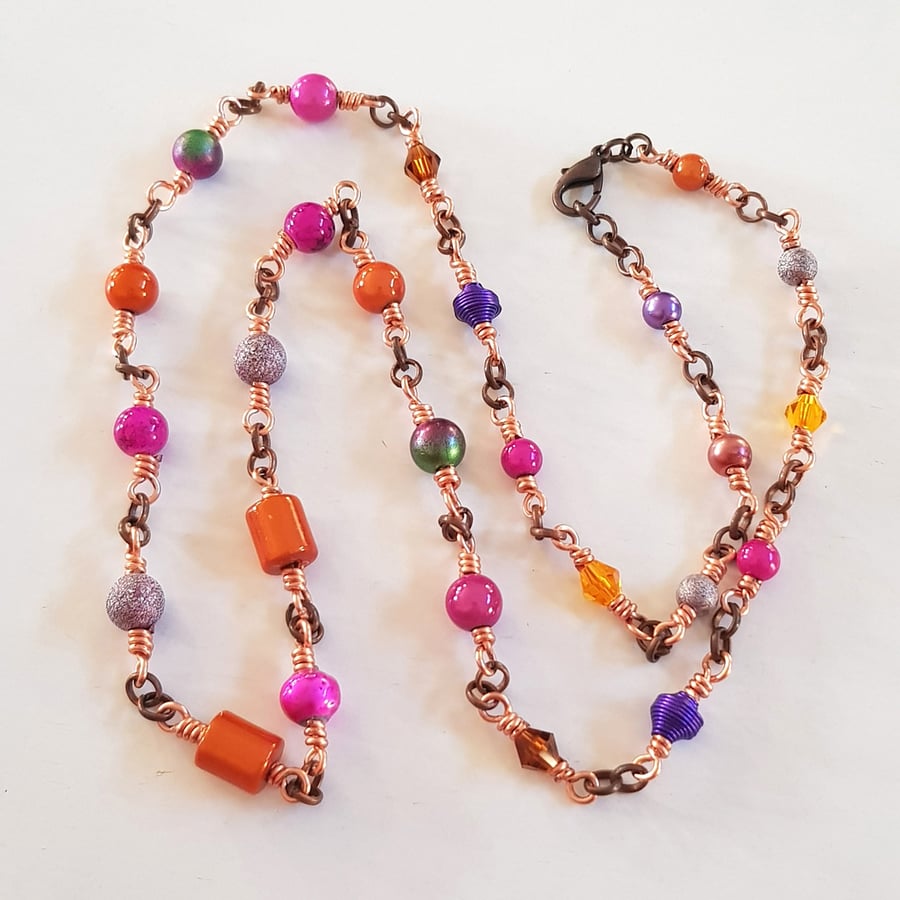 Colourful Glass & Miracle Bead Copper Chain Necklace - 27.5 Inch