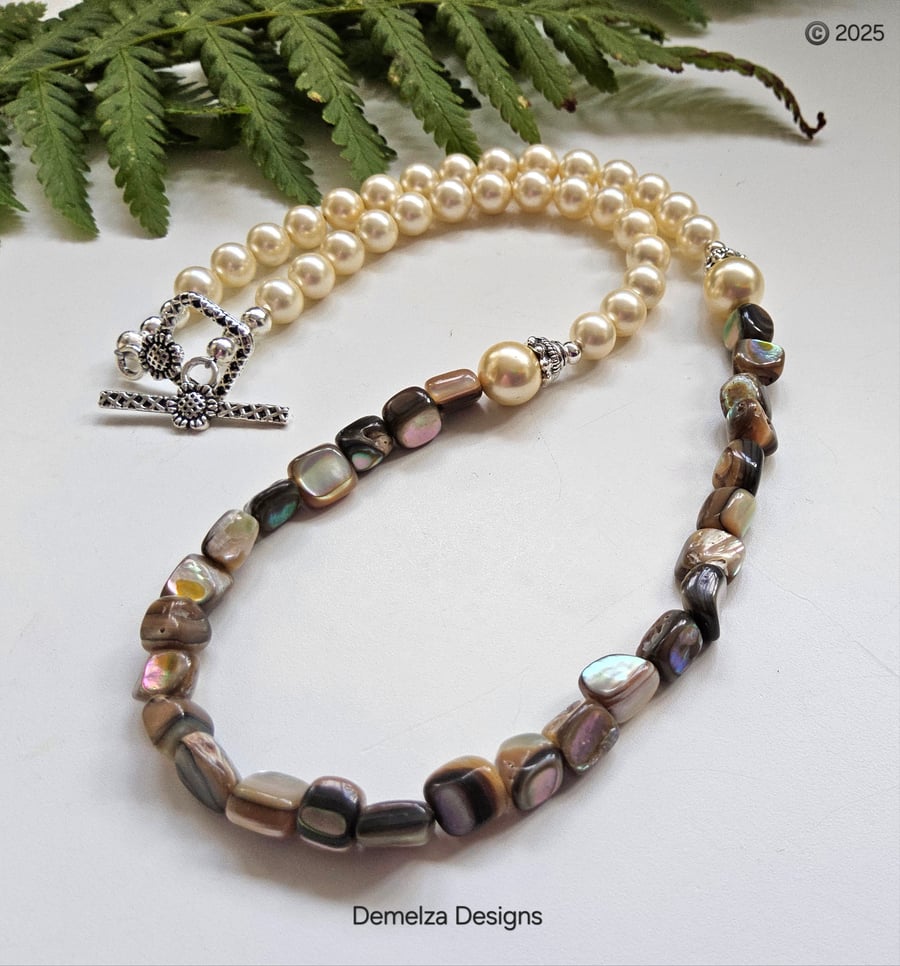 Designer Abolone Shell Nugget & Shell Pearl Necklace 