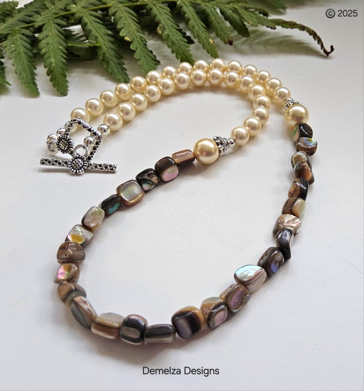 Designer Abolone Shell Nugget & Shell Pearl Necklace 