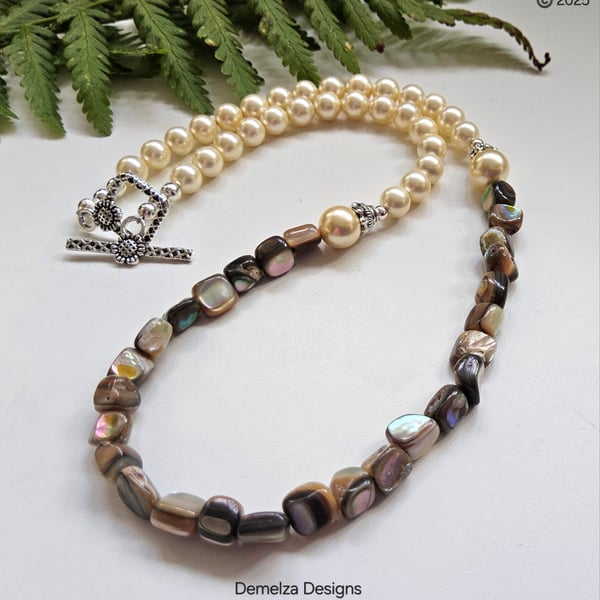 Designer Abolone Shell Nugget & Shell Pearl Necklace 