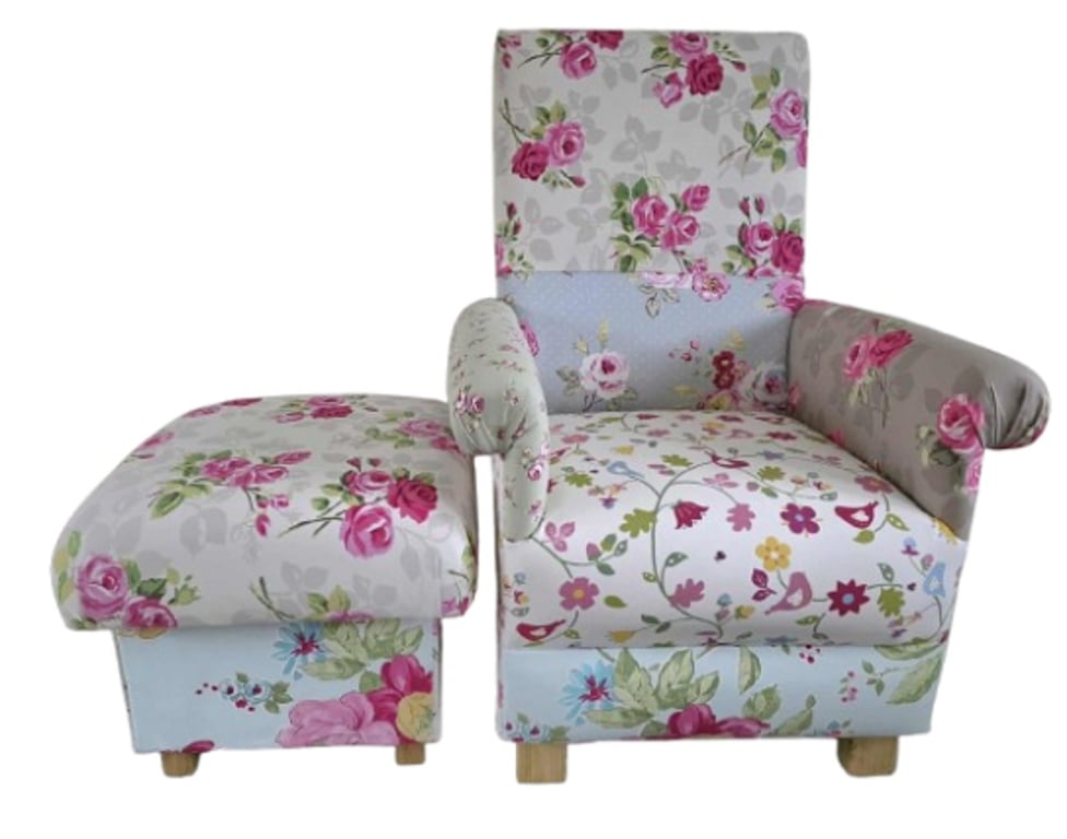 Patchwork Fabric Adult Chair & Footstool Armchair Pink Floral Blue Green 