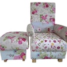 Patchwork Fabric Adult Chair & Footstool Armchair Pink Floral Blue Green 