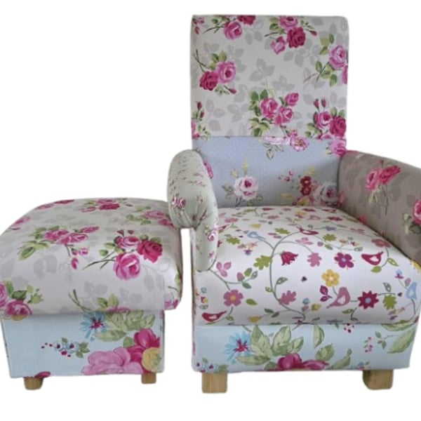 Patchwork Fabric Adult Chair & Footstool Armchair Pink Floral Blue Green 
