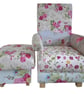 Patchwork Fabric Adult Chair & Footstool Armchair Pink Floral Blue Green  - Image 1