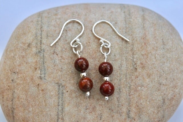 Sterling Silver Gemstone Drop Earrings with Poppy Jasper