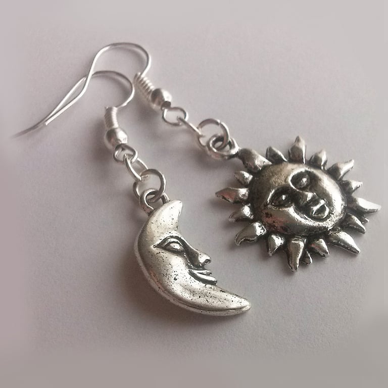 Sun and Moon Asymmetrical Mismatched Silver Plate Earrings