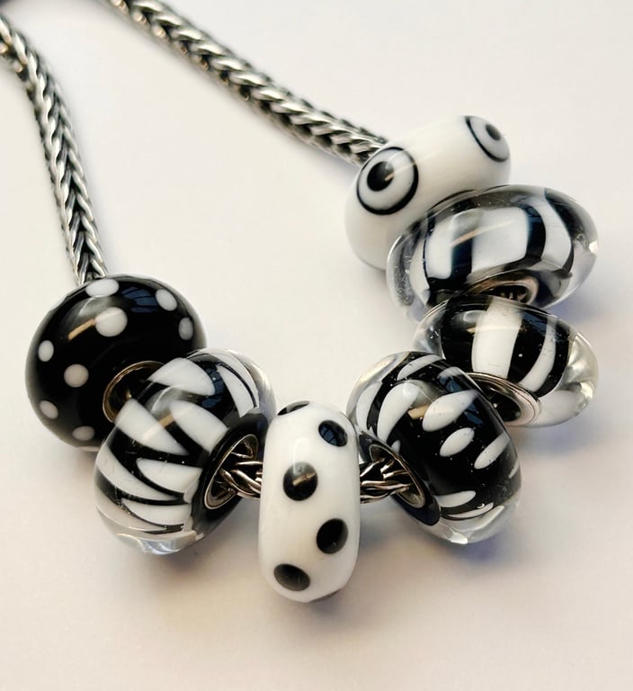 Handmade black and white, silver cored, big hole lamp work glass beads (PandoraT