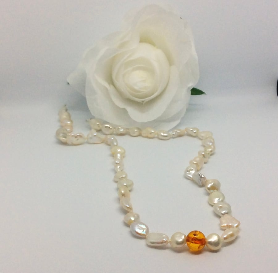 Amber and Keshi Pearl necklace