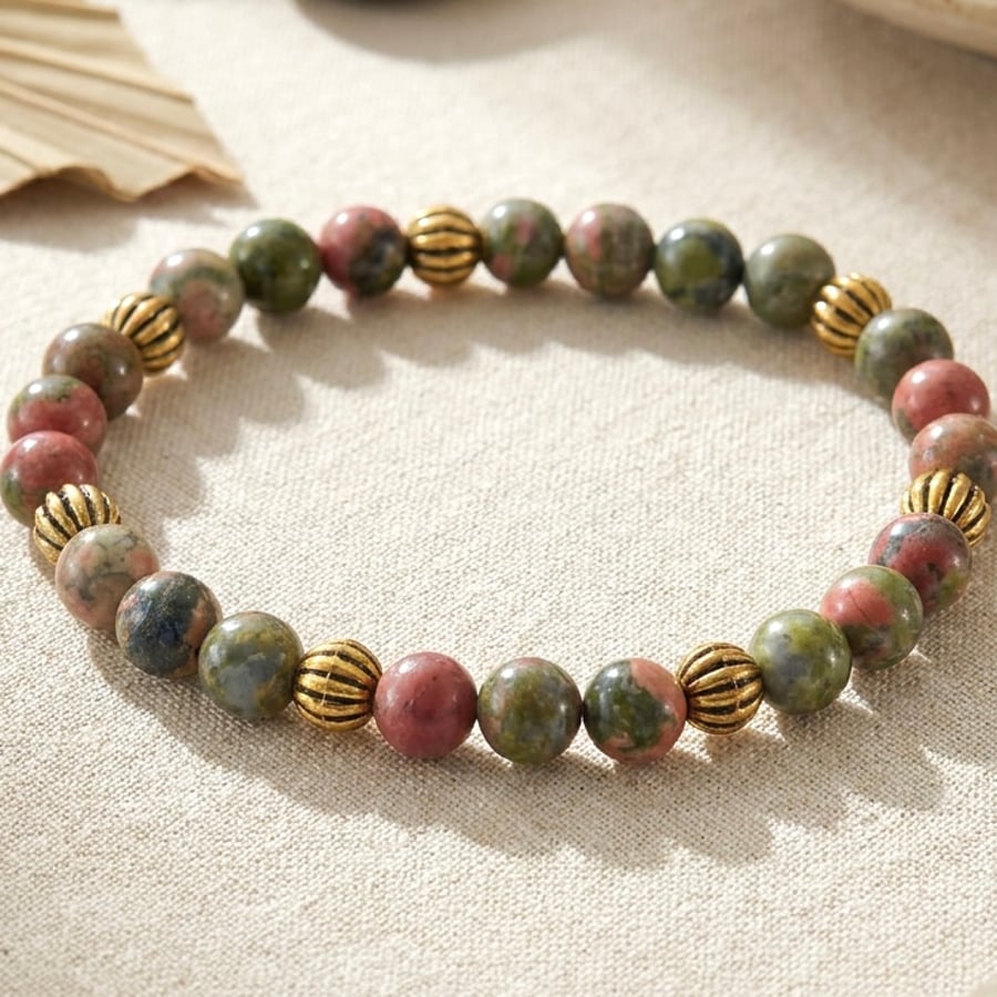 Handmade Unakite Gemstone Bracelet,