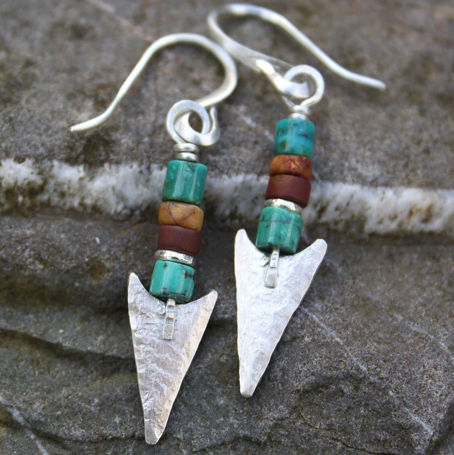 Silver turquoise and jasper earrings Arrowhead