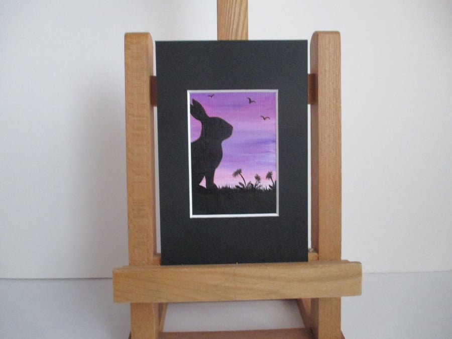 Bunny Rabbit ACEO painting Silhouette original art mounted ready to frame purple