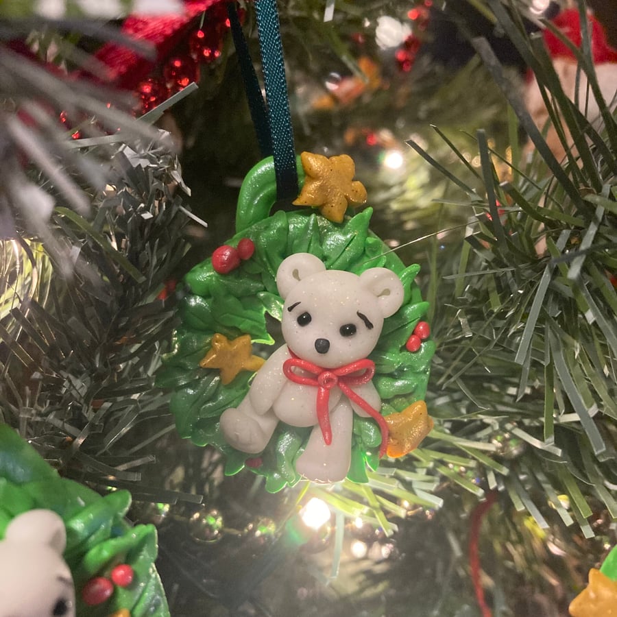 Red - White Bear Christmas Wreath, Polymer Clay decoration 