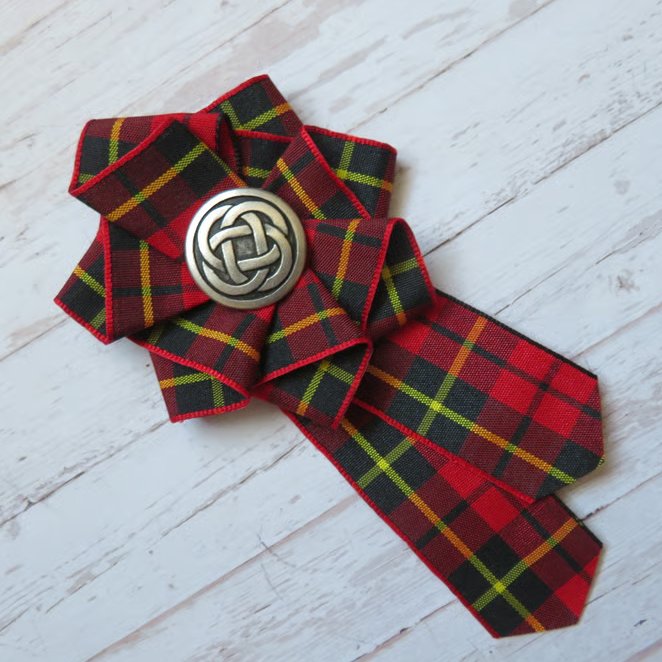 Wallace Red Modern and Black Tartan Ruffle Rosette Mini Brooch Pin