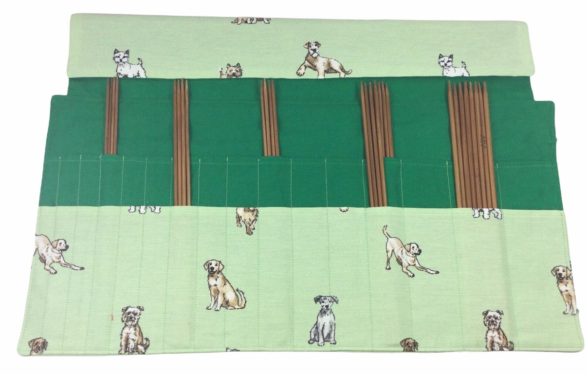 Double pointed knitted needle case with dogs, retriever DPN fold up pouch,