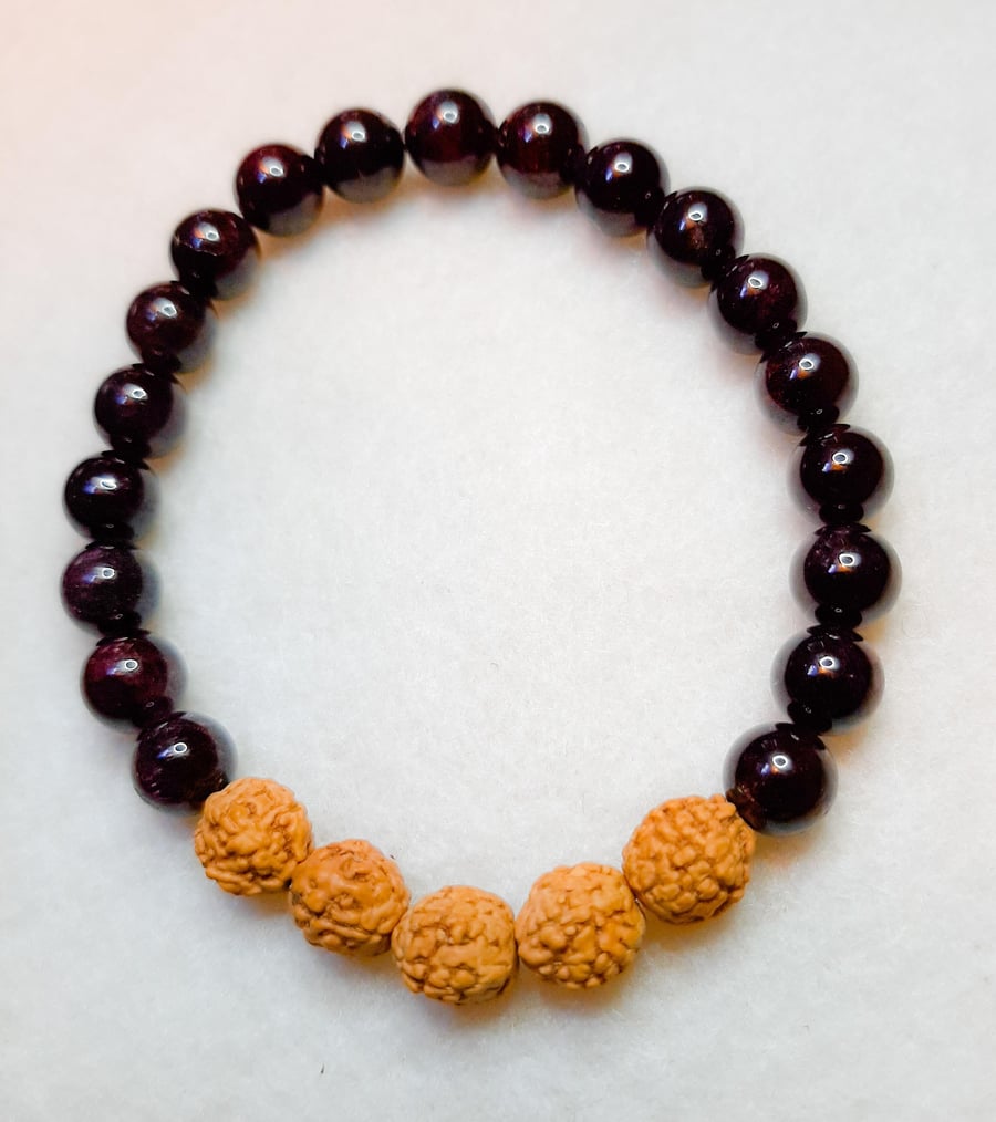 Handmade Garnet and Rudraksha bead Stack Bracelet-compassion,balance & success 